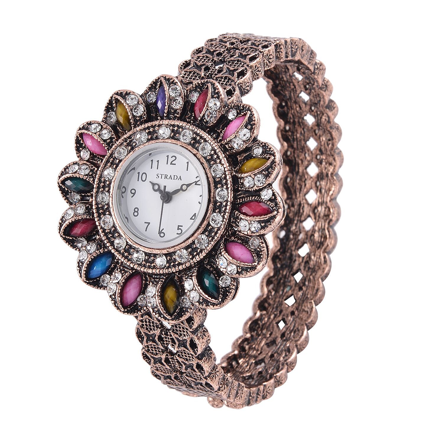 Strada White Austrian Crystal, Simulated Multi Color Resin Japanese Movement Sunflower Pattern Bangle Watch in Rosetone (7.00 Inches)