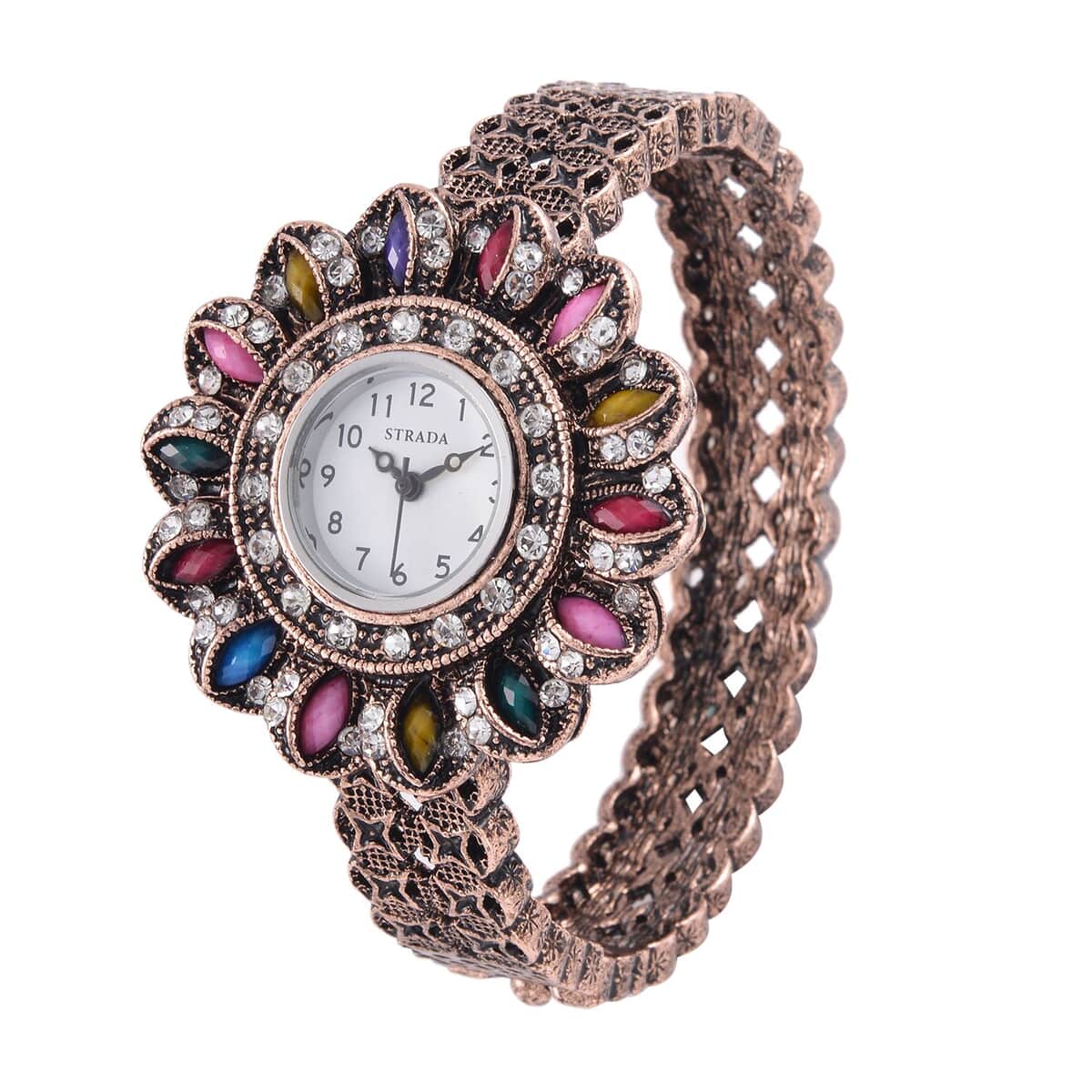 Strada White Austrian Crystal, Simulated Multi Color Resin Japanese Movement Sunflower Pattern Bangle Watch in Rosetone (7.00 Inches) image number 3