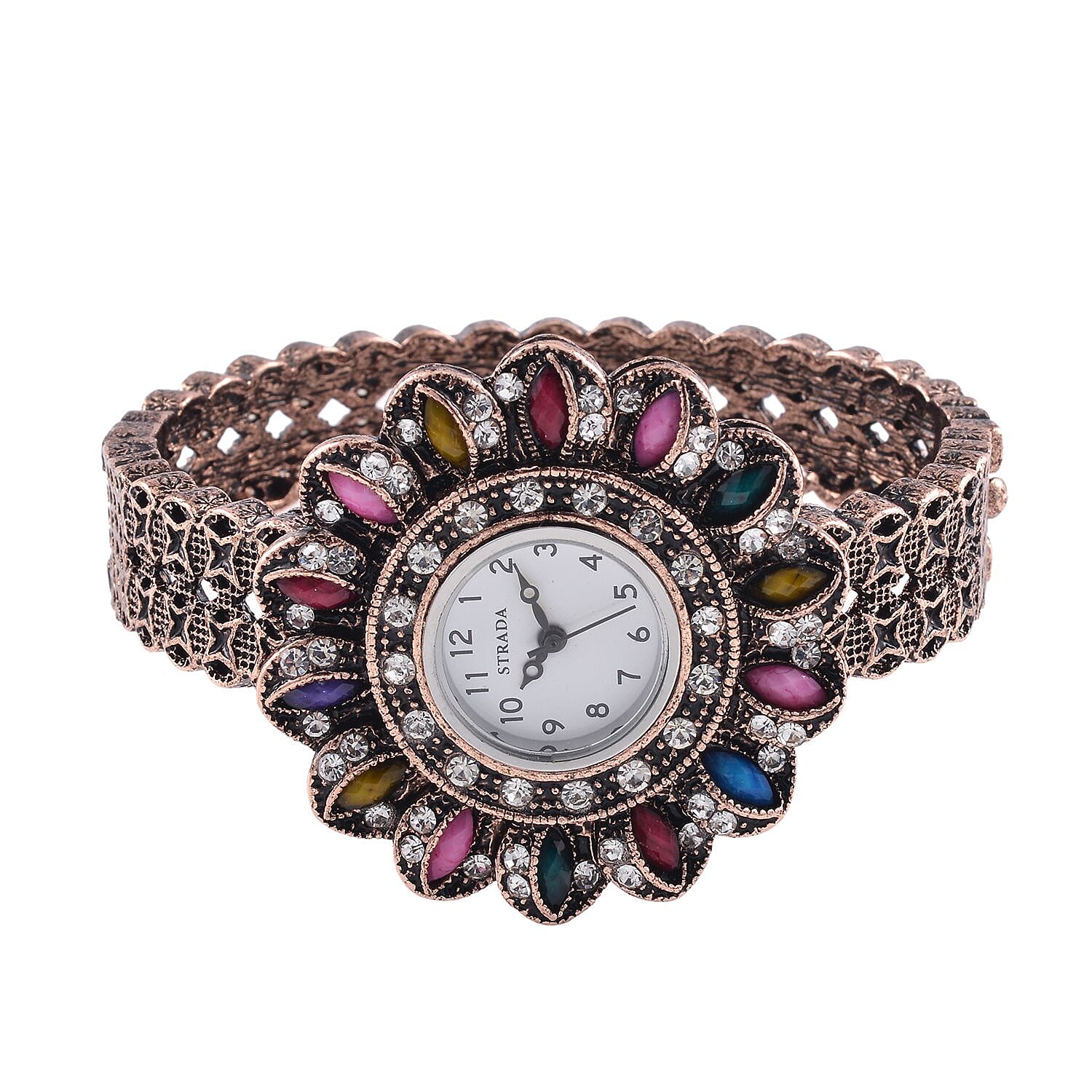 Strada White Austrian Crystal, Simulated Multi Color Resin Japanese Movement Sunflower Pattern Bangle Watch in Rosetone (7.00 Inches)