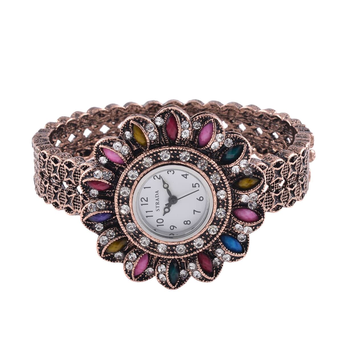 Strada White Austrian Crystal, Simulated Multi Color Resin Japanese Movement Sunflower Pattern Bangle Watch in Rosetone (7.00 Inches) image number 4