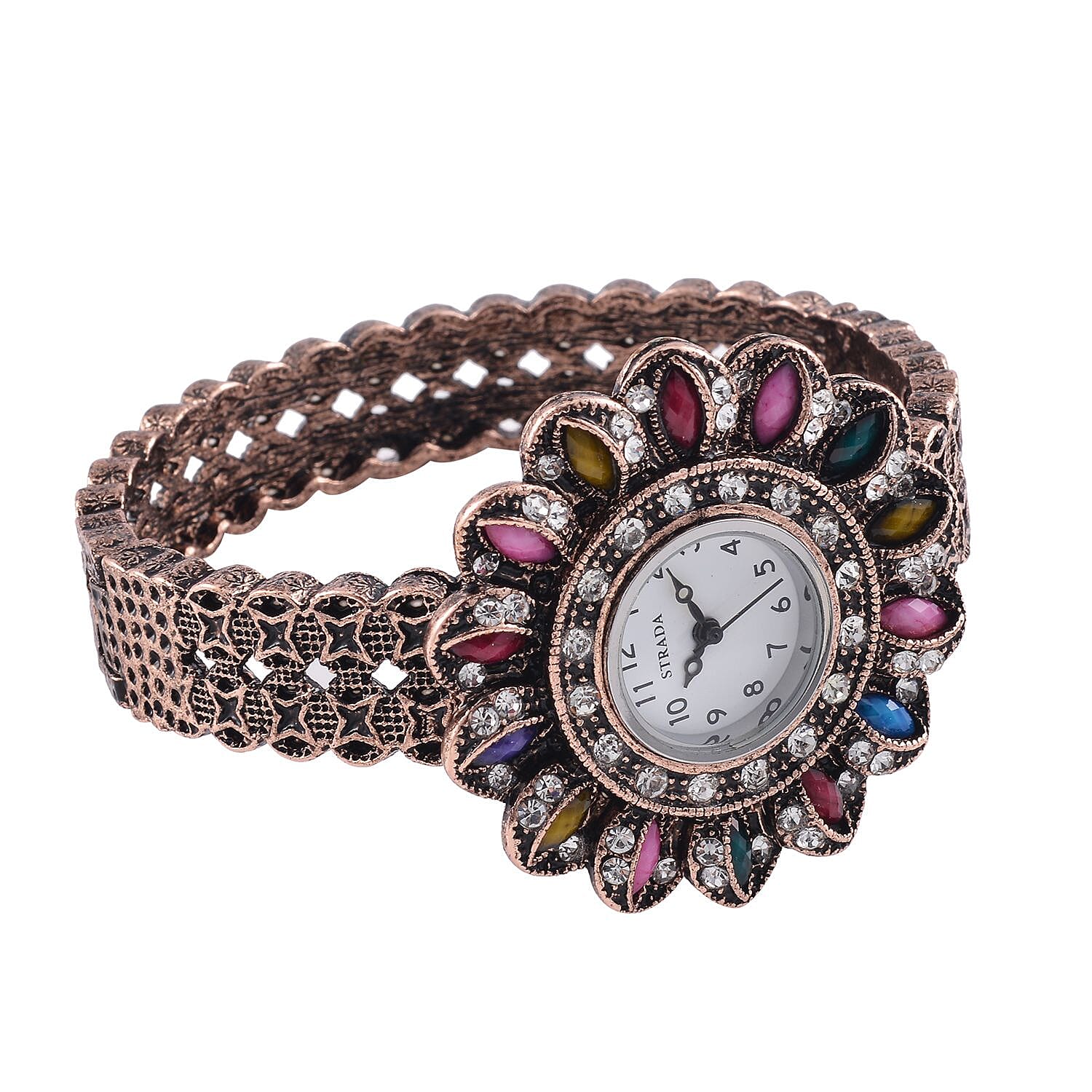 Strada White Austrian Crystal, Simulated Multi Color Resin Japanese Movement Sunflower Pattern Bangle Watch in Rosetone (7.00 Inches)