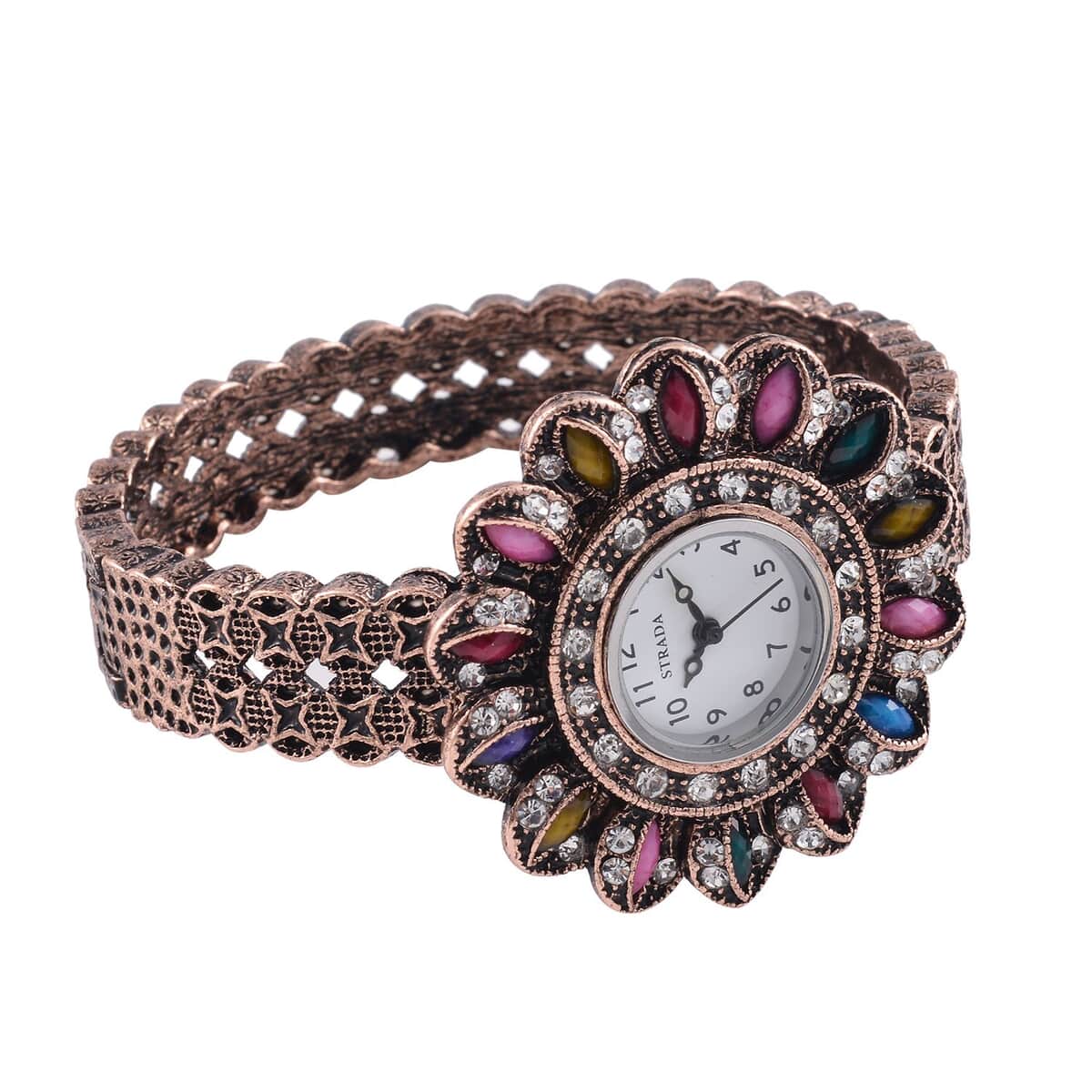 Strada White Austrian Crystal, Simulated Multi Color Resin Japanese Movement Sunflower Pattern Bangle Watch in Rosetone (7.00 Inches) image number 5