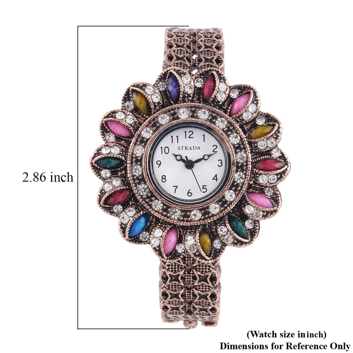 Strada White Austrian Crystal, Simulated Multi Color Resin Japanese Movement Sunflower Pattern Bangle Watch in Rosetone (7.00 Inches) image number 7