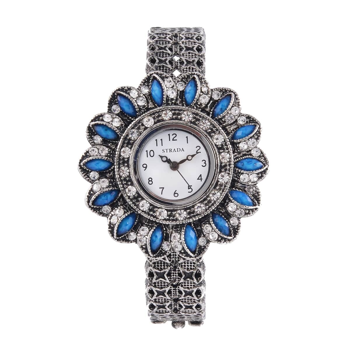 Strada White Austrian Crystal, Simulated Teal Color Resin Japanese Movement Sunflower Pattern Bangle Watch in Silvertone (7.00 Inches) image number 0