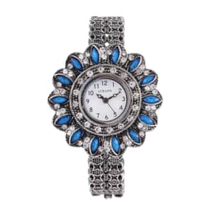 Strada White Austrian Crystal, Simulated Teal Color Resin Japanese Movement Sunflower Pattern Bangle Watch in Silvertone (7.00 Inches)