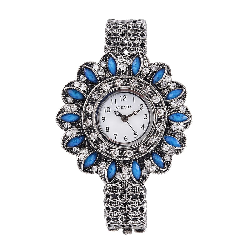 Strada White Austrian Crystal, Simulated Teal Color Resin Japanese Movement Sunflower Pattern Bangle Watch in Silvertone (7.00 Inches)