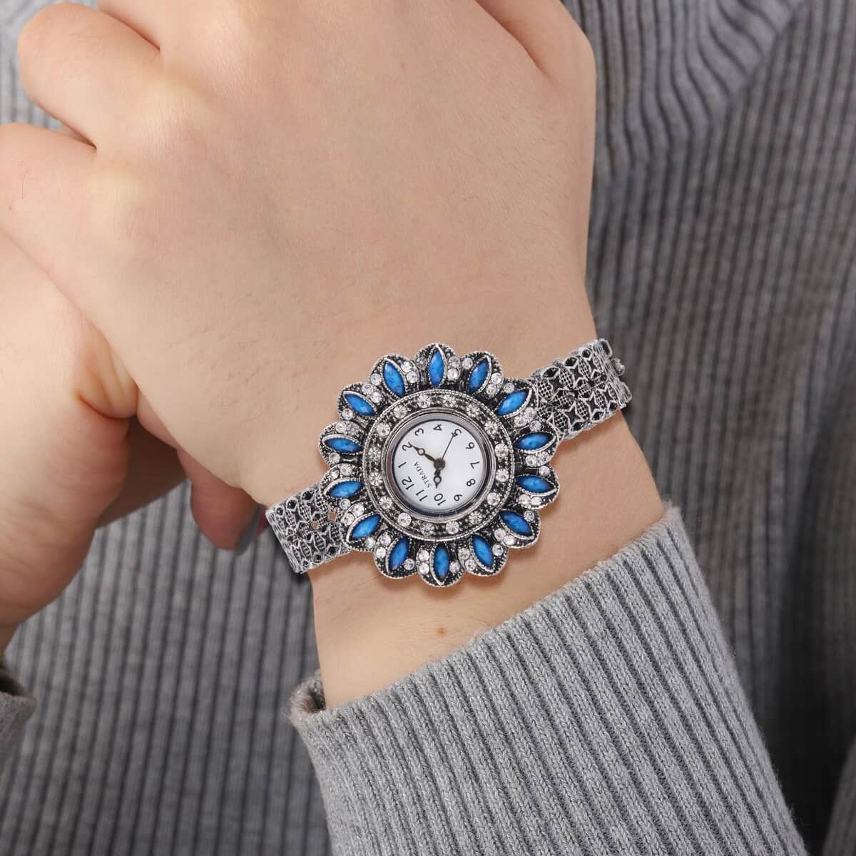 Strada White Austrian Crystal, Simulated Teal Color Resin Japanese Movement Sunflower Pattern Bangle Watch in Silvertone (7.00 Inches) image number 2