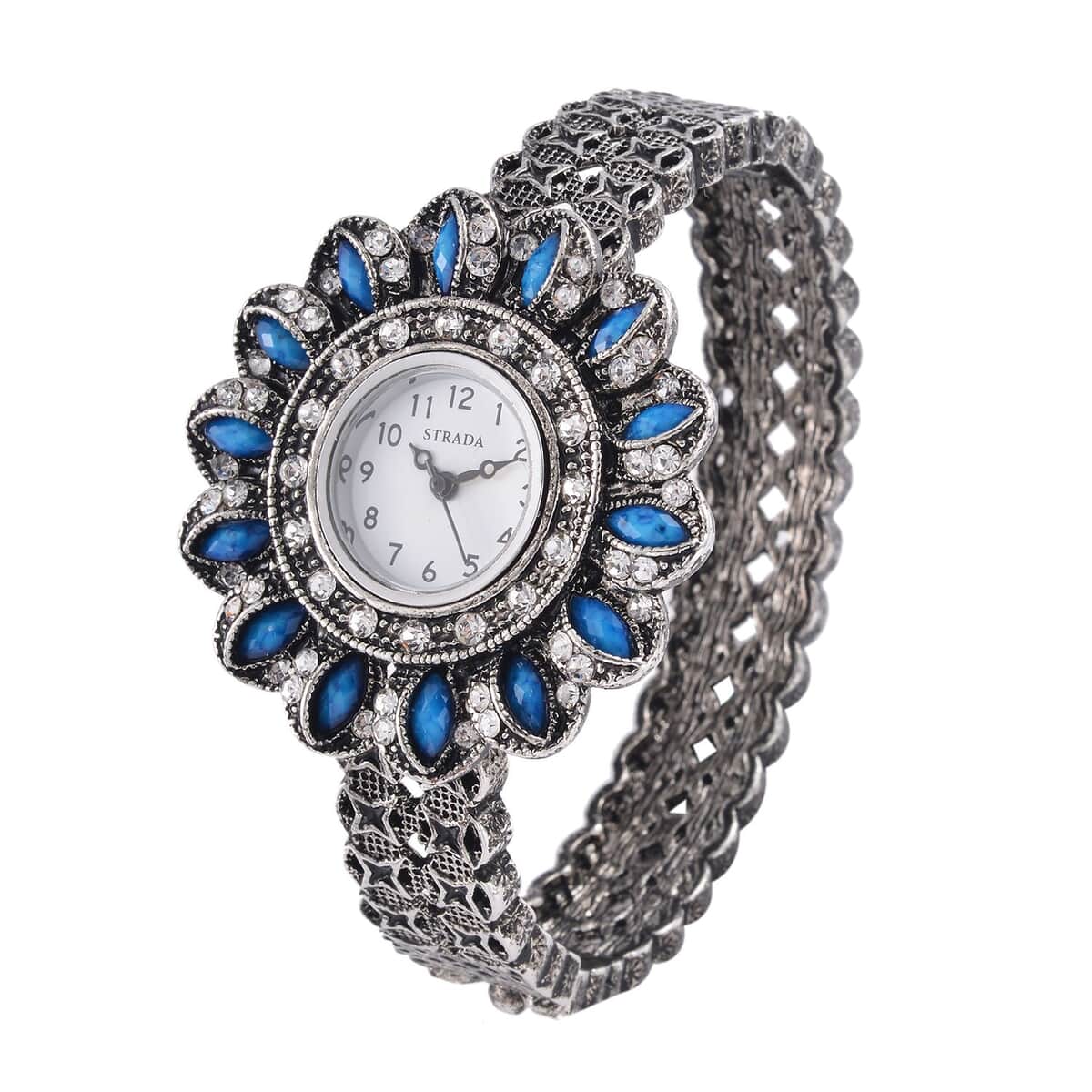 Strada White Austrian Crystal, Simulated Teal Color Resin Japanese Movement Sunflower Pattern Bangle Watch in Silvertone (7.00 Inches) image number 3