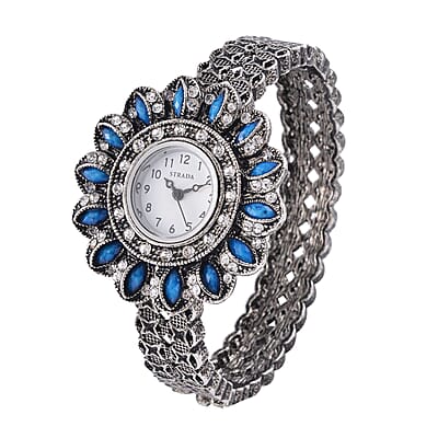 Strada White Austrian Crystal, Simulated Teal Color Resin Japanese Movement Sunflower Pattern Bangle Watch in Silvertone (7.00 Inches)