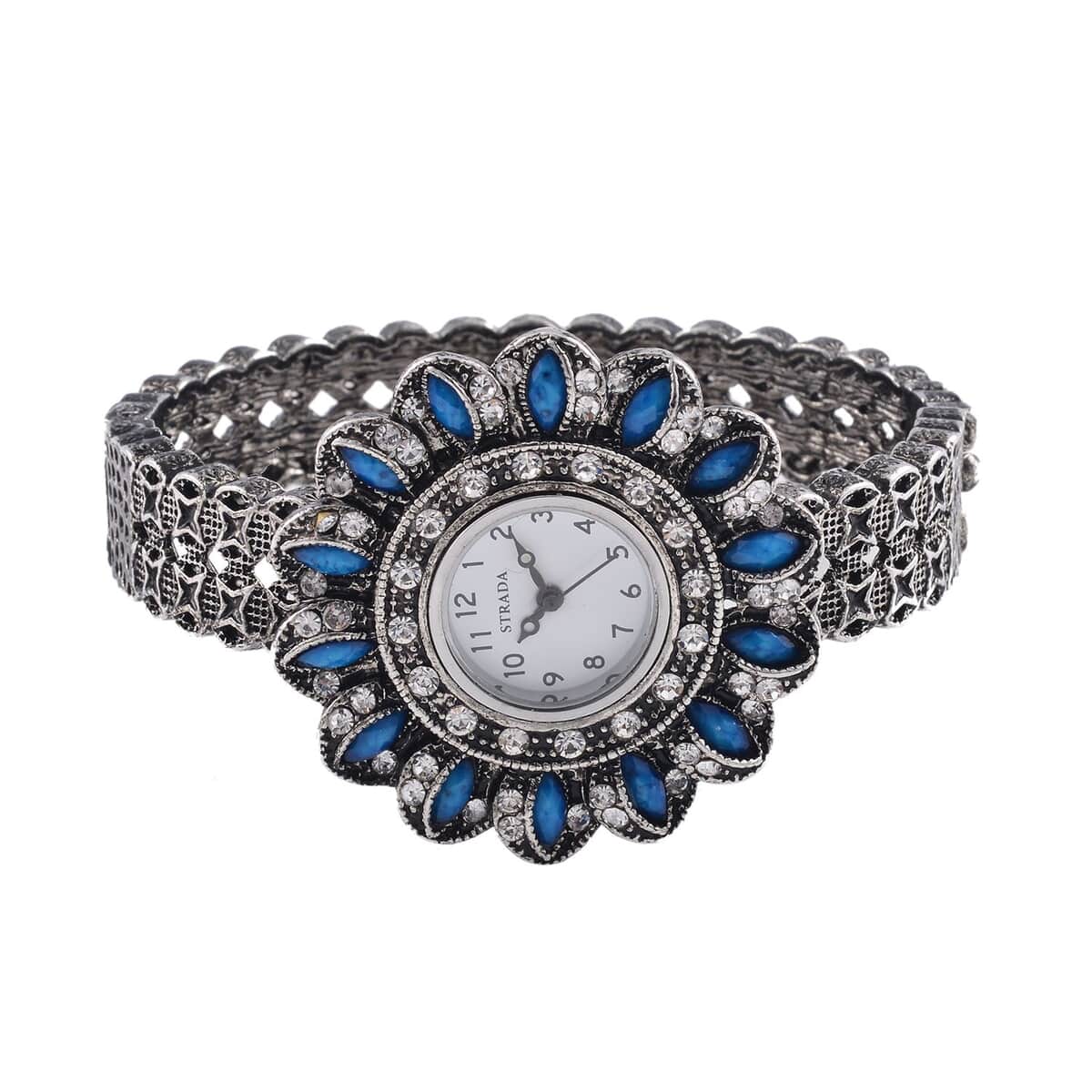 Strada White Austrian Crystal, Simulated Teal Color Resin Japanese Movement Sunflower Pattern Bangle Watch in Silvertone (7.00 Inches) image number 4