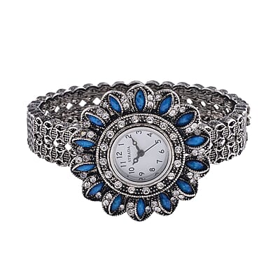 Strada White Austrian Crystal, Simulated Teal Color Resin Japanese Movement Sunflower Pattern Bangle Watch in Silvertone (7.00 Inches)