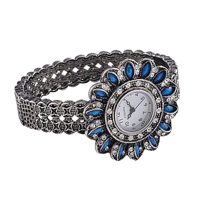 Strada White Austrian Crystal, Simulated Teal Color Resin Japanese Movement Sunflower Pattern Bangle Watch in Silvertone (7.00 Inches)