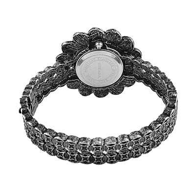 Strada White Austrian Crystal, Simulated Teal Color Resin Japanese Movement Sunflower Pattern Bangle Watch in Silvertone (7.00 Inches)