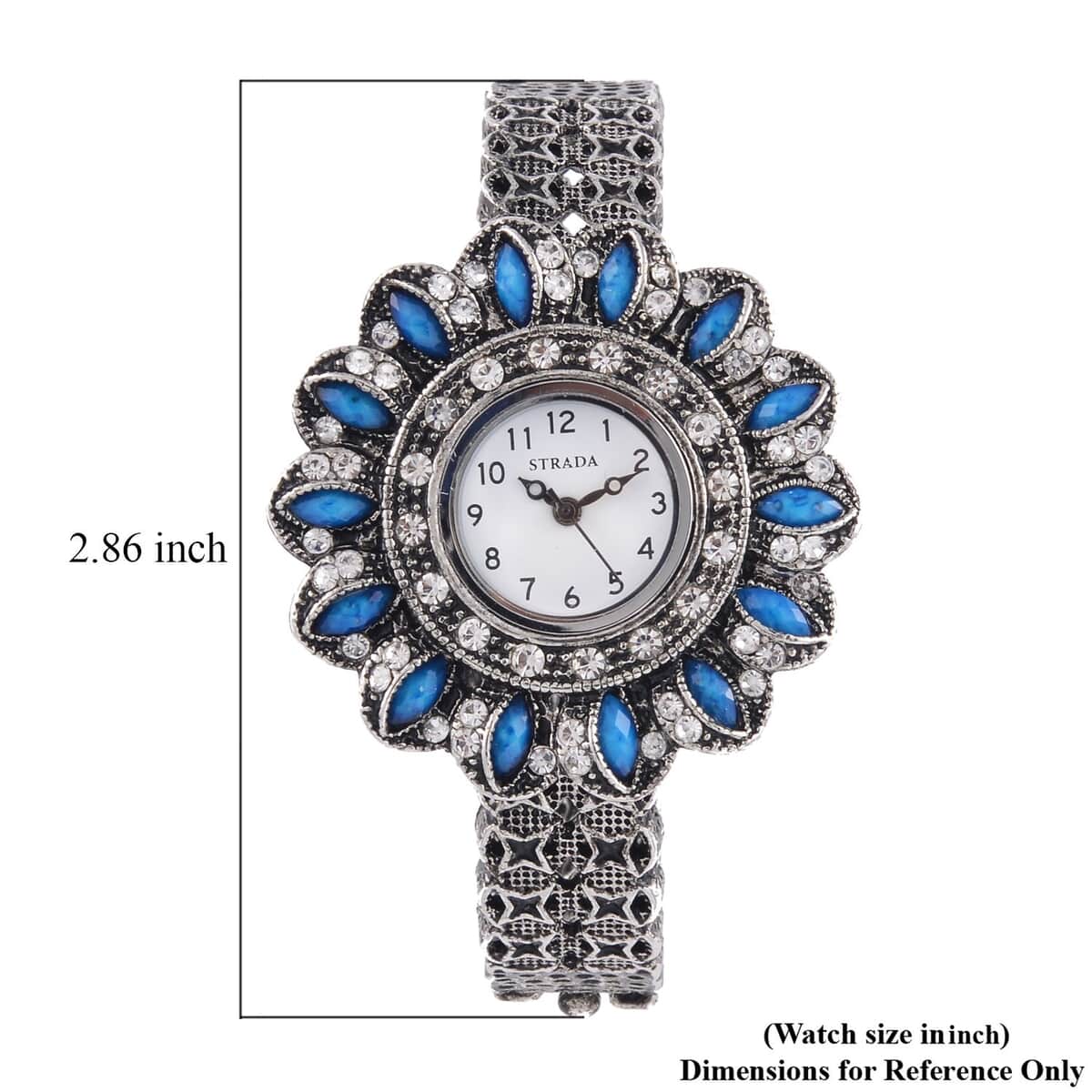 Strada White Austrian Crystal, Simulated Teal Color Resin Japanese Movement Sunflower Pattern Bangle Watch in Silvertone (7.00 Inches) image number 7