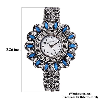 Strada White Austrian Crystal, Simulated Teal Color Resin Japanese Movement Sunflower Pattern Bangle Watch in Silvertone (7.00 Inches)