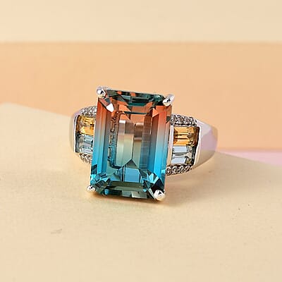 Aqua Terra Costa Quartz (Triplet) and Multi Gemstone Ring in Platinum Over Sterling Silver (Size 10.0) 8.85 ctw