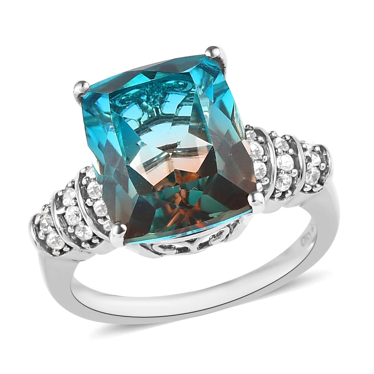 Aqua Terra Costa Quartz (Triplet) and White Zircon Ring in Platinum Over Sterling Silver 6.40 ctw image number 0