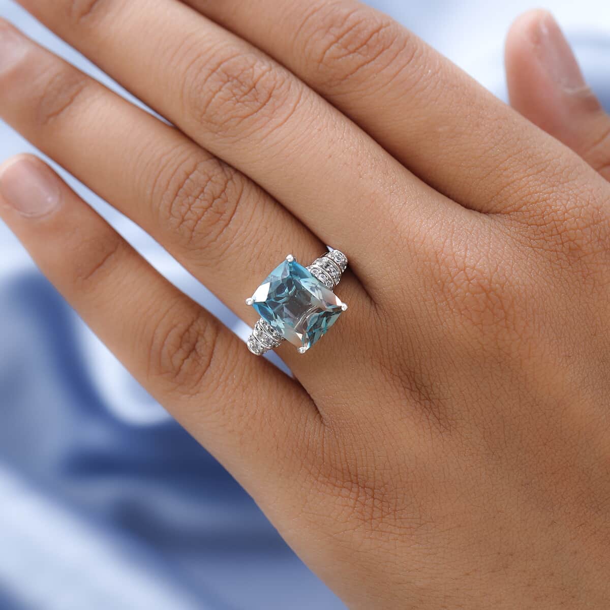 Aqua Terra Costa Quartz (Triplet) and White Zircon Ring in Platinum Over Sterling Silver 6.40 ctw image number 2