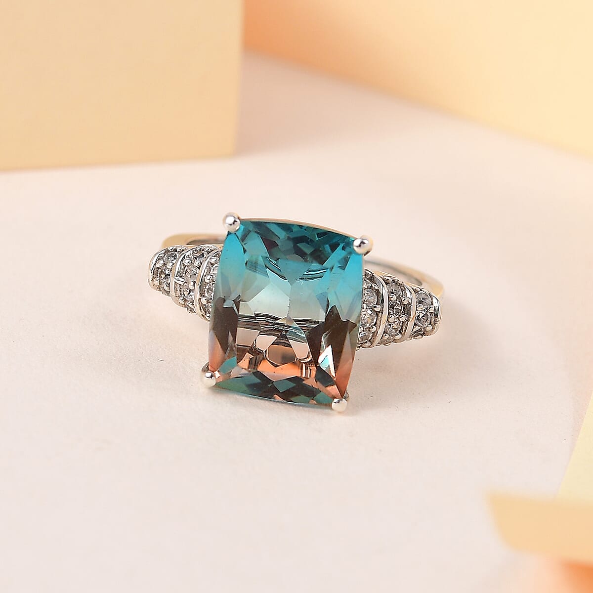 Aqua Terra Costa Quartz (Triplet) and White Zircon Ring in Platinum Over Sterling Silver (Size 9.0) 6.40 ctw image number 1