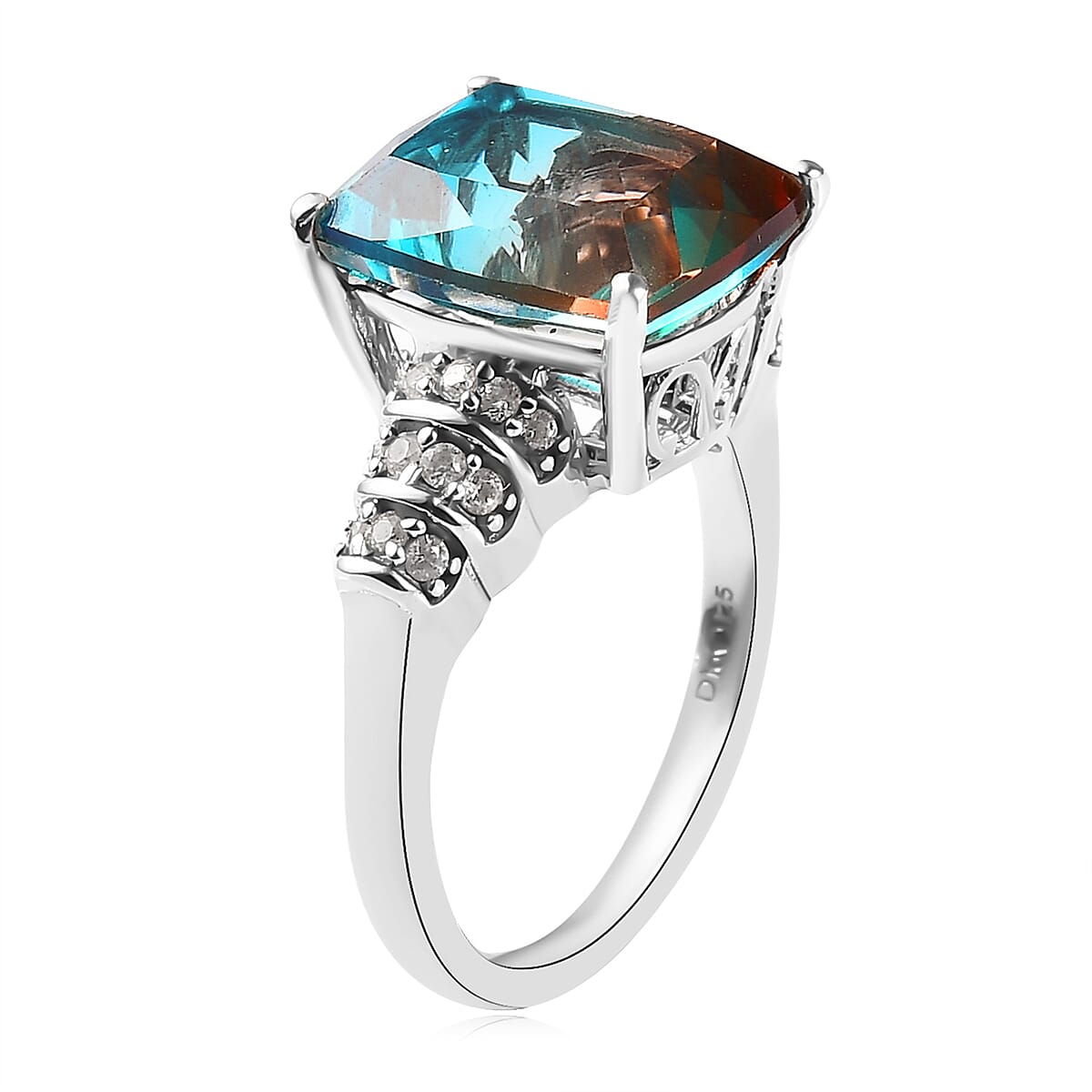 Aqua Terra Costa Quartz (Triplet) and White Zircon Ring in Platinum Over Sterling Silver (Size 9.0) 6.40 ctw image number 3