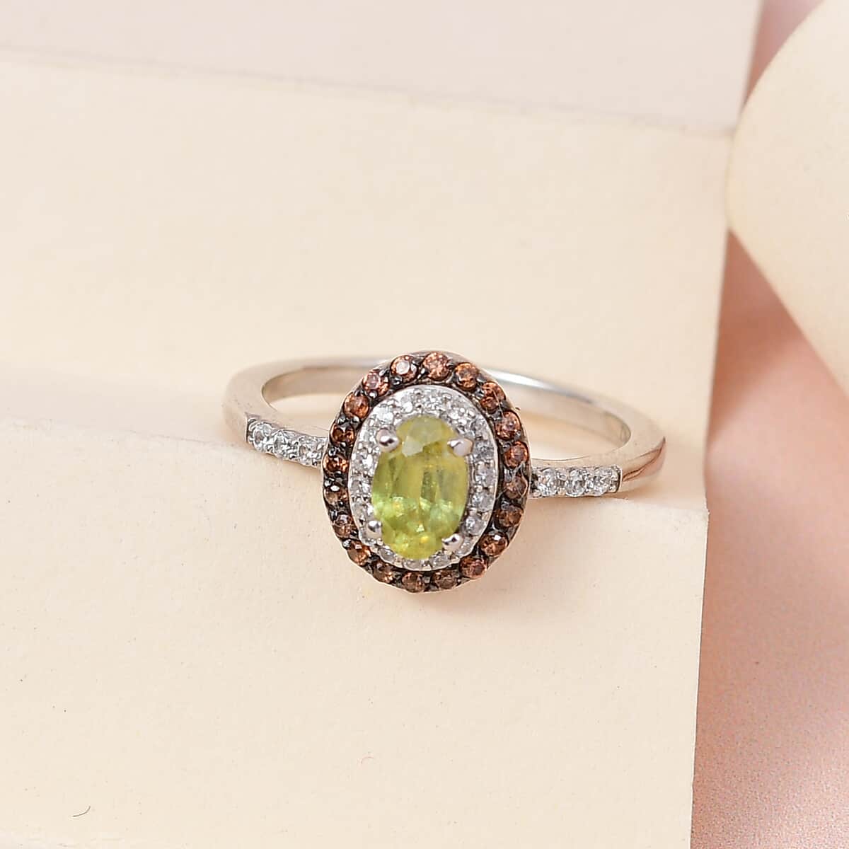 AAA Sava Sphene, Natural White Zircon and Coffee Zircon Double Halo Ring in Platinum Over Sterling Silver 1.00 ctw image number 1