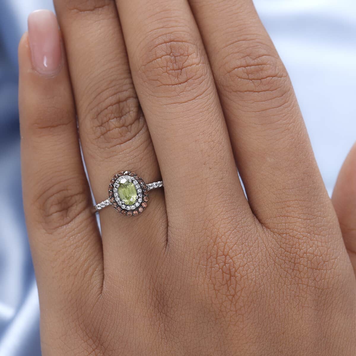 AAA Sava Sphene, Natural White Zircon and Coffee Zircon Double Halo Ring in Platinum Over Sterling Silver 1.00 ctw image number 2