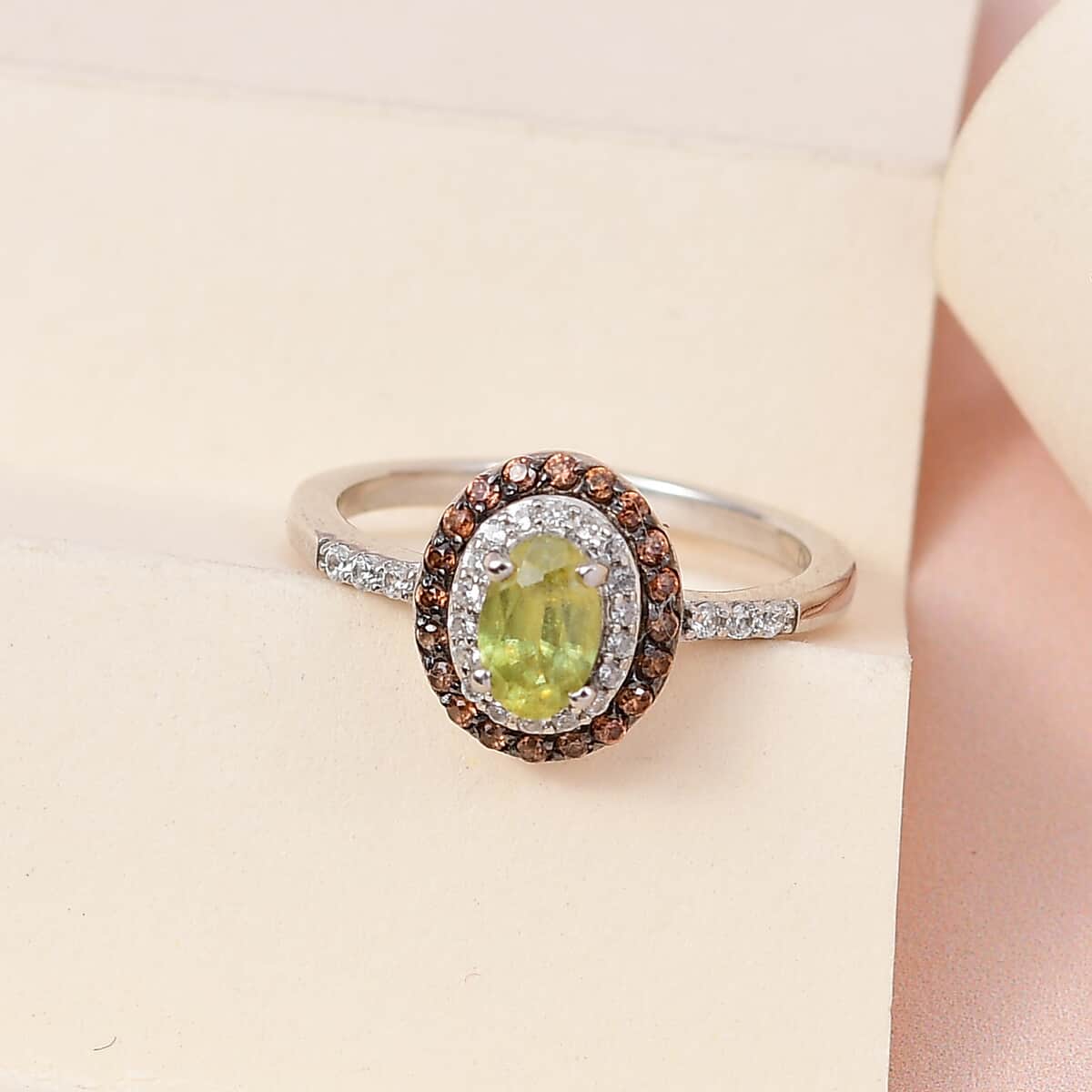 AAA Sava Sphene, White and Coffee Zircon Double Halo Ring in Platinum Over Sterling Silver (Size 6.0) 1.00 ctw image number 1