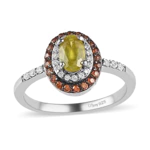 AAA Sava Sphene, White and Coffee Zircon Double Halo Ring in Platinum Over Sterling Silver (Size 7.0) 1.00 ctw