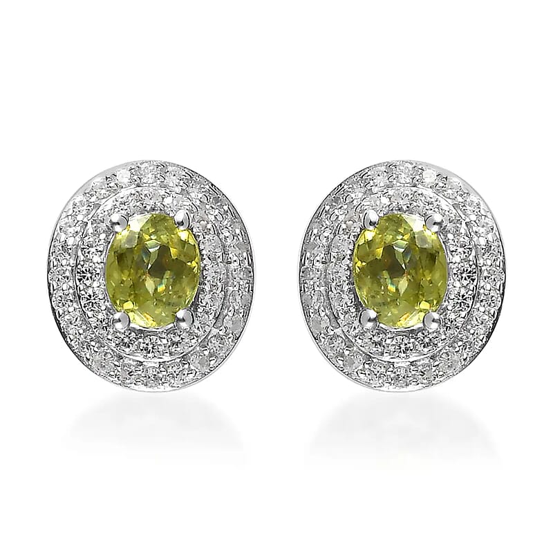 AAA Sava Sphene and White Zircon Double Halo Stud Earrings in Platinum Over Sterling Silver 1.50 ctw