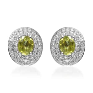 AAA Sava Sphene and White Zircon Double Halo Stud Earrings in Platinum Over Sterling Silver 1.50 ctw