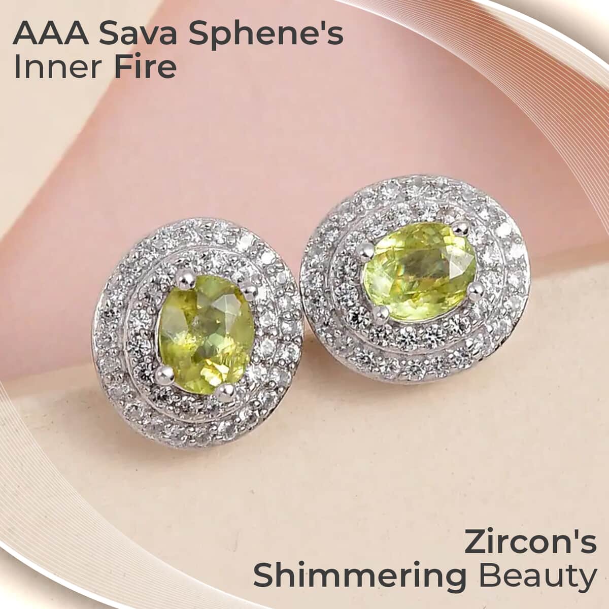 AAA Sava Sphene and White Zircon Double Halo Stud Earrings in Platinum Over Sterling Silver 1.50 ctw image number 1