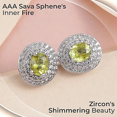 AAA Sava Sphene and White Zircon Double Halo Stud Earrings in Platinum Over Sterling Silver 1.50 ctw