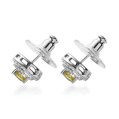AAA Sava Sphene and White Zircon Double Halo Stud Earrings in Platinum Over Sterling Silver 1.50 ctw