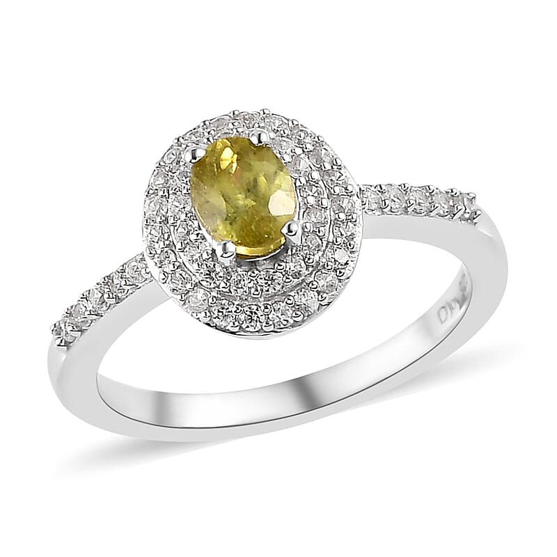 AAA Sava Sphene and White Zircon Double Halo Ring in Platinum Over Sterling Silver (Size 10.0) 0.85 ctw