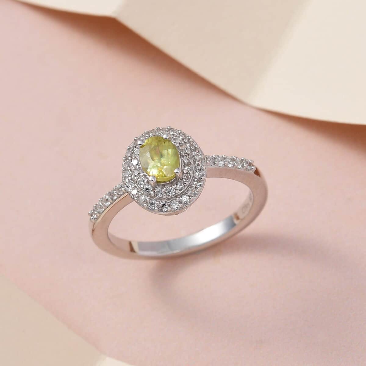 AAA Sava Sphene and Natural White Zircon Double Halo Ring in Platinum Over Sterling Silver 0.85 ctw image number 1