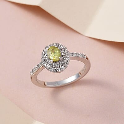 AAA Sava Sphene and White Zircon Double Halo Ring in Platinum Over Sterling Silver (Size 10.0) 0.85 ctw
