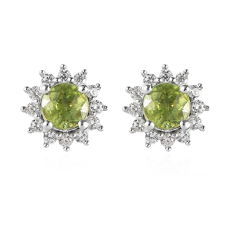 AAA Sava Sphene and White Zircon Sunburst Stud Earrings in Platinum Over Sterling Silver 0.90 ctw