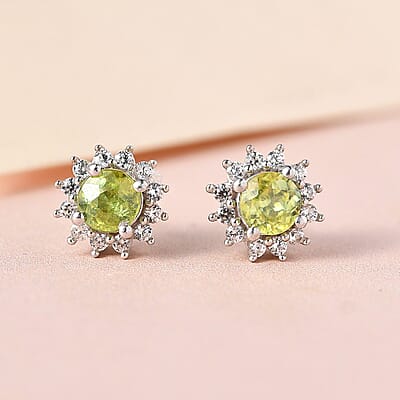 AAA Sava Sphene and White Zircon Sunburst Stud Earrings in Platinum Over Sterling Silver 0.90 ctw