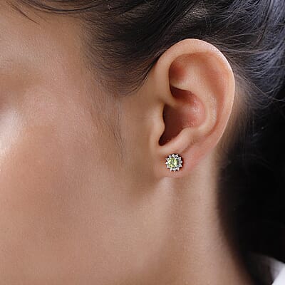 AAA Sava Sphene and White Zircon Sunburst Stud Earrings in Platinum Over Sterling Silver 0.90 ctw
