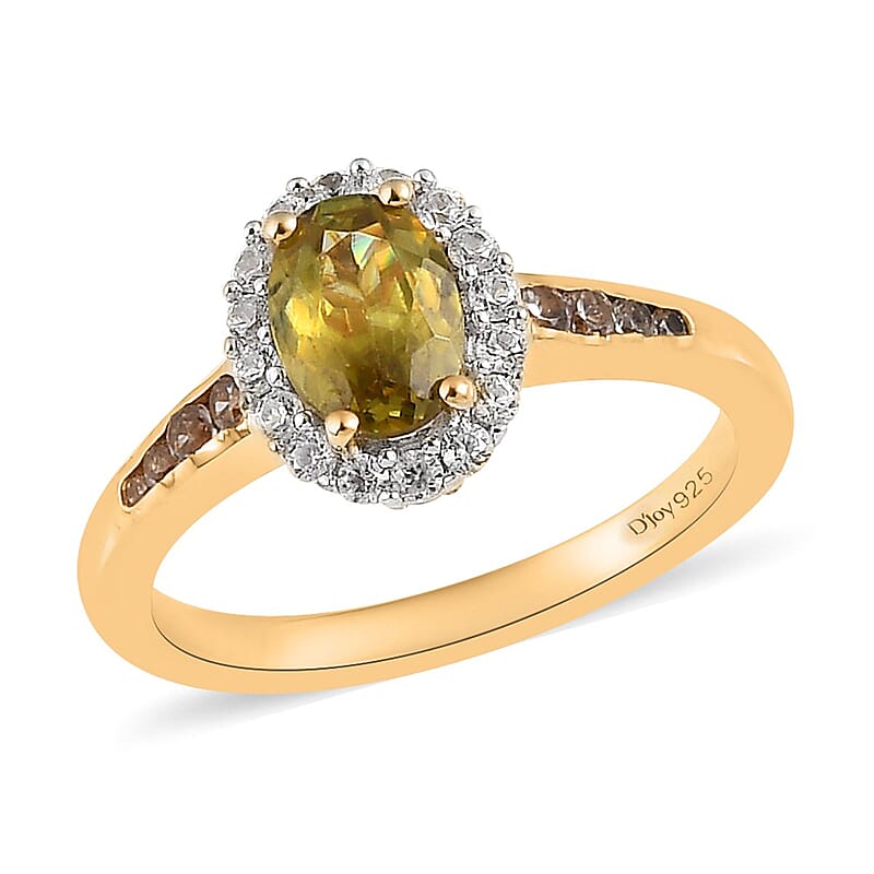 AAA Sava Sphene, White and Coffee Zircon Halo Ring in Vermeil Yellow Gold Over Sterling Silver (Size 10.0) 1.35 ctw