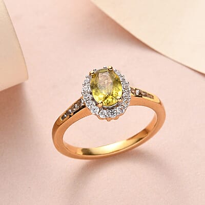 AAA Sava Sphene, White and Coffee Zircon Halo Ring in Vermeil Yellow Gold Over Sterling Silver (Size 10.0) 1.35 ctw