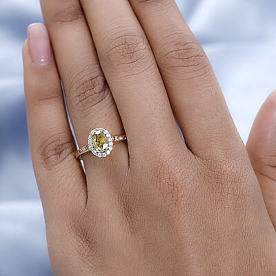 AAA Sava Sphene, White and Coffee Zircon Halo Ring in Vermeil Yellow Gold Over Sterling Silver (Size 10.0) 1.35 ctw