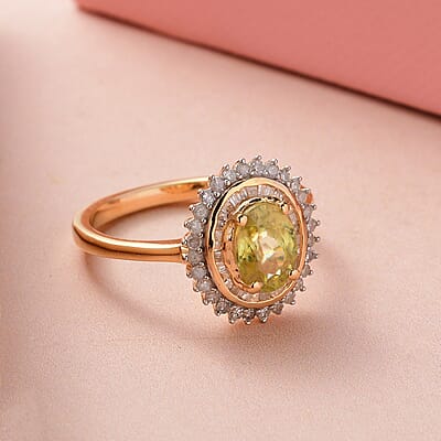 AAA Sava Sphene and Diamond Sunburst Ring in Vermeil Yellow Gold Over Sterling Silver (Size 10.0) 1.25 ctw