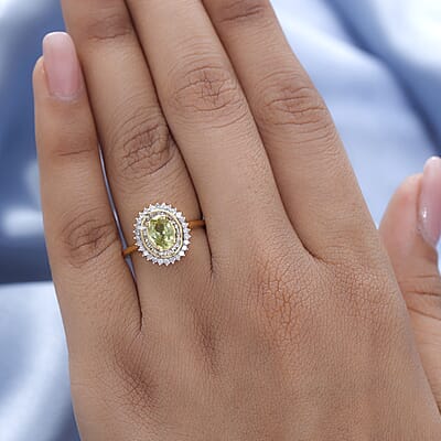AAA Sava Sphene and Diamond Sunburst Ring in Vermeil Yellow Gold Over Sterling Silver (Size 10.0) 1.25 ctw