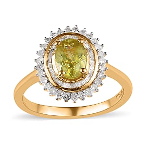 AAA Sava Sphene and Diamond Sunburst Ring in Vermeil Yellow Gold Over Sterling Silver (Size 8.0) 1.25 ctw