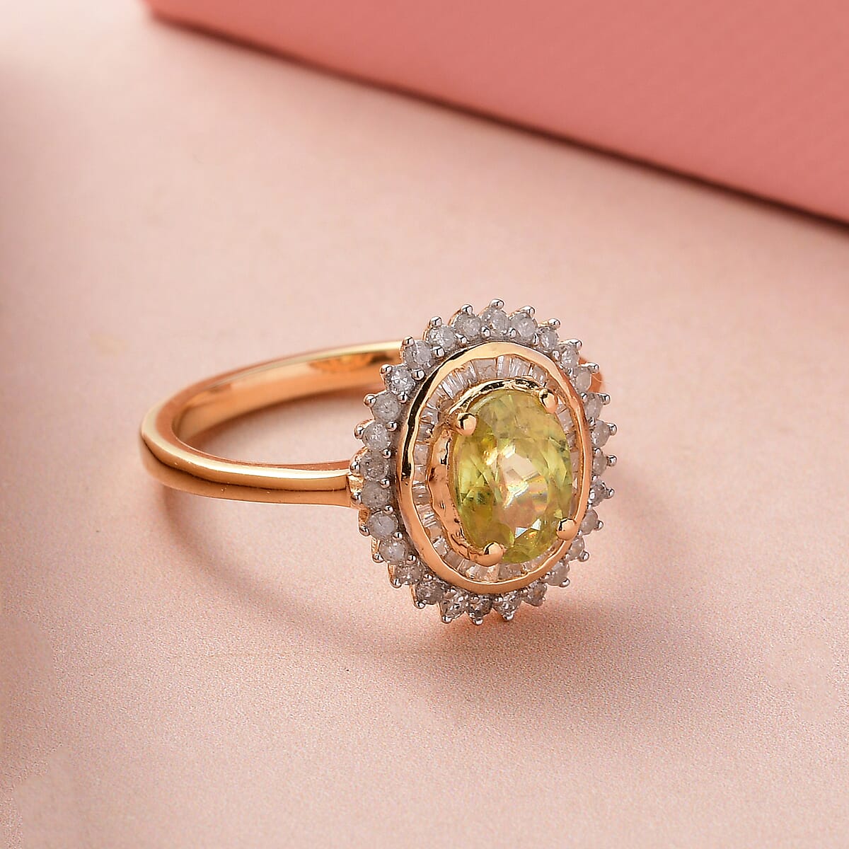 AAA Sava Sphene and Diamond Sunburst Ring in Vermeil Yellow Gold Over Sterling Silver (Size 8.0) 1.25 ctw image number 1