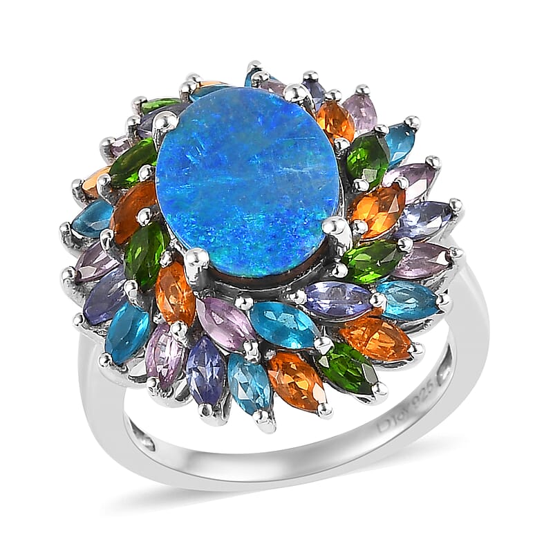 Boulder Opal Triplet and Multi Gemstone Cocktail Ring in Platinum Over Sterling Silver (Size 10.0) 5.00 ctw