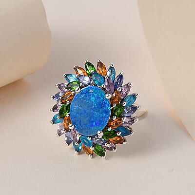 Boulder Opal Triplet and Multi Gemstone Cocktail Ring in Platinum Over Sterling Silver (Size 10.0) 5.00 ctw