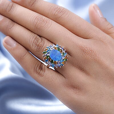 Boulder Opal Triplet and Multi Gemstone Cocktail Ring in Platinum Over Sterling Silver (Size 10.0) 5.00 ctw
