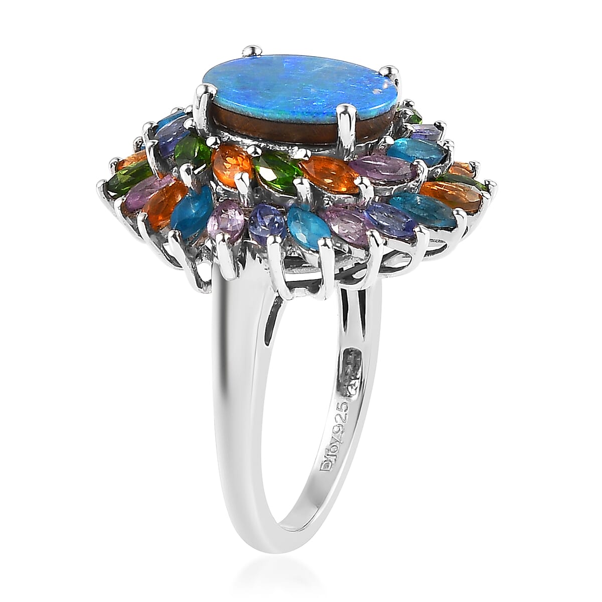 Boulder Opal Triplet and Multi Gemstone Cocktail Ring in Platinum Over Sterling Silver (Size 10.0) 5.00 ctw